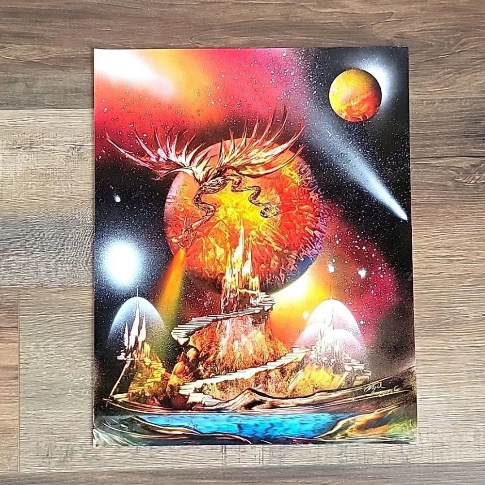 Original space fantasy painting mixed media  signed Azul 2006